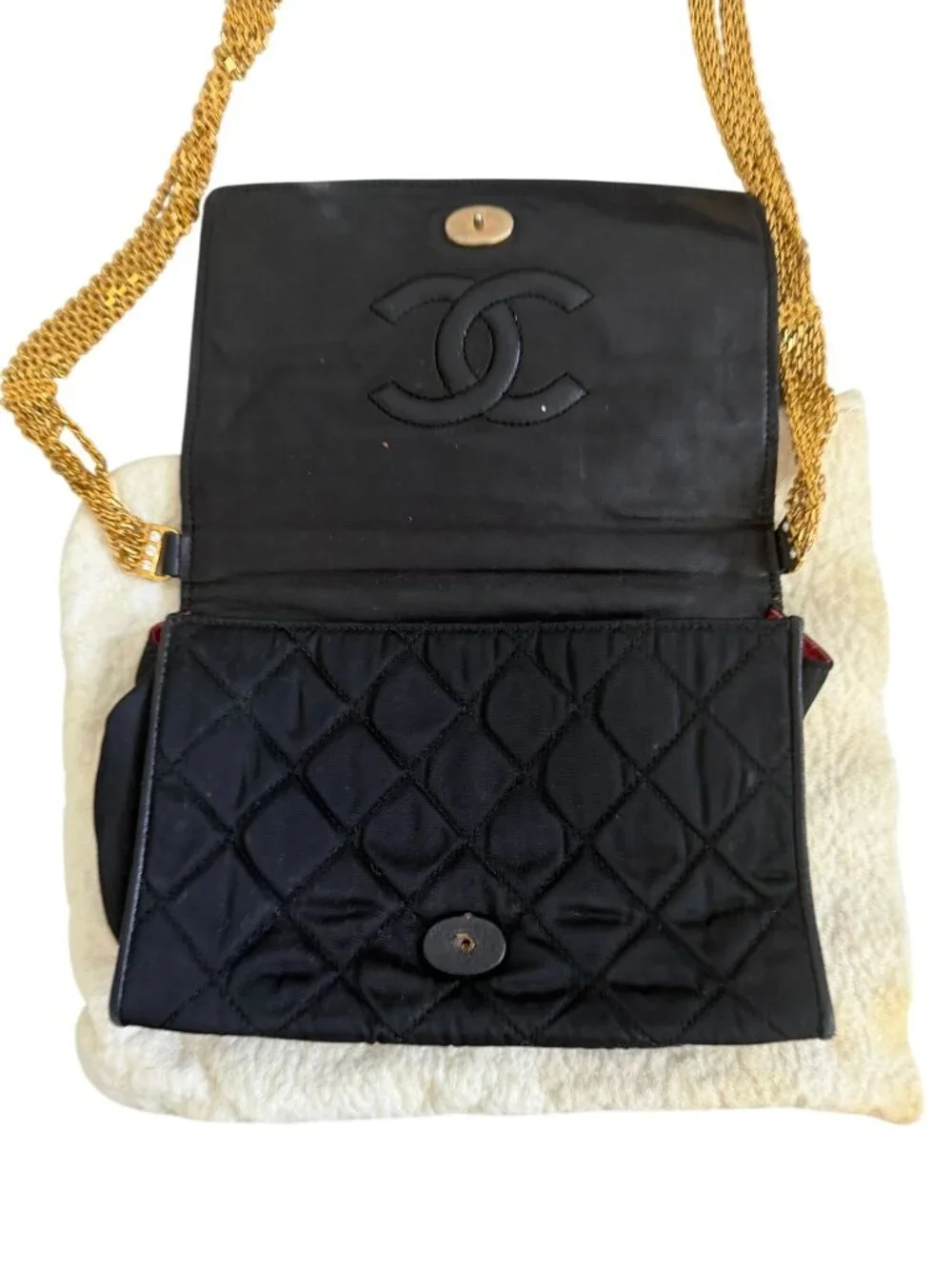 CHANEL Vintage Matelasse Black Silk Leather Rhinestone Chain Shoulder Bag